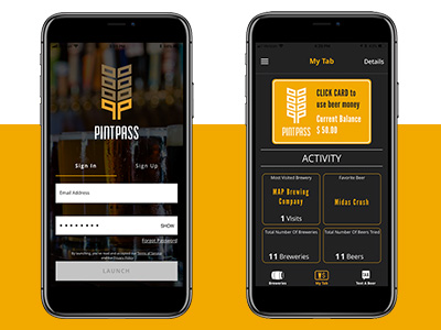 Example of mobile app main page and activity screens